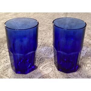 2 Libbey Crisa Glass Cobalt Blue Tumblers 8 Panel Heavy Glasses 5.5" Vintage